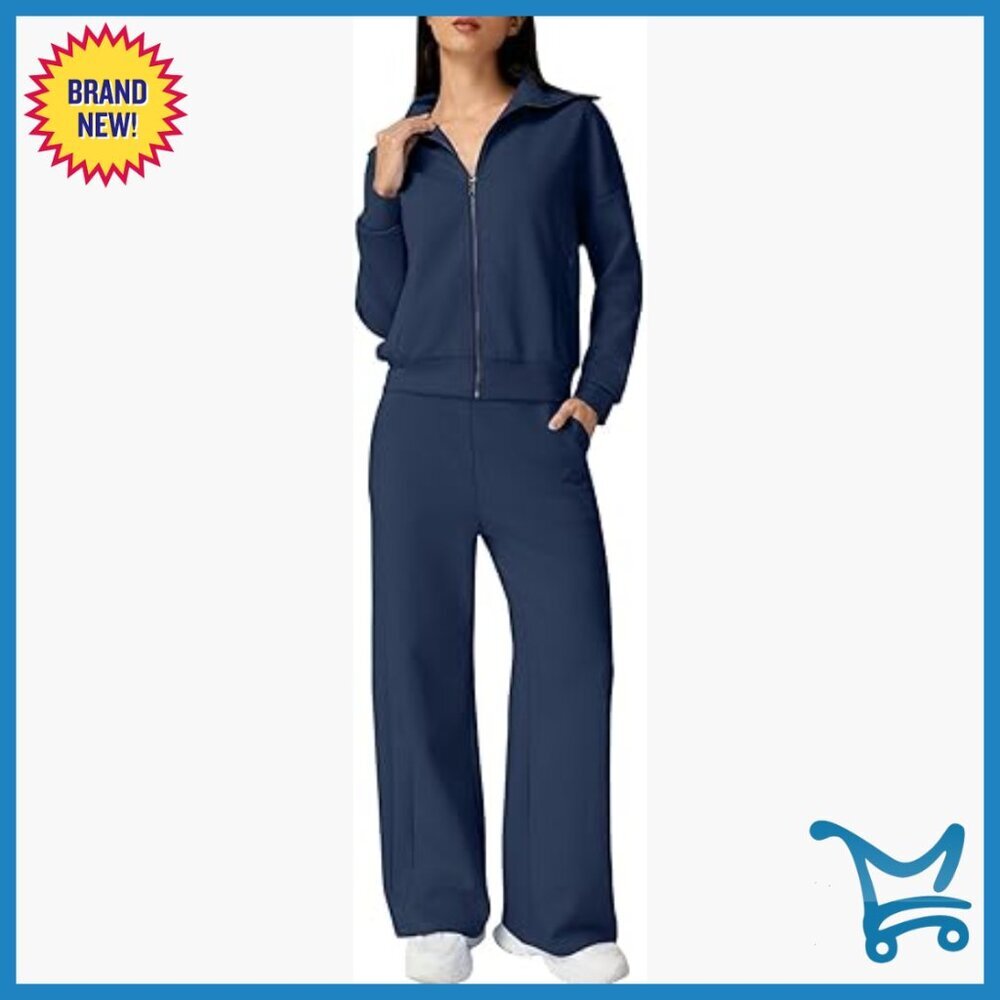 Cotton Polyester Zip Up Sweatshirt Wide Leg Pants Matching Set Large